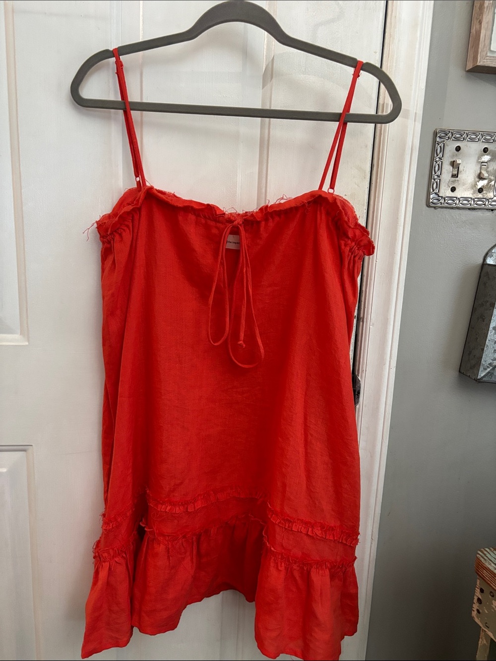 The Impeccable Pig Red Spaghetti-Strap Ruffle Mini Dress